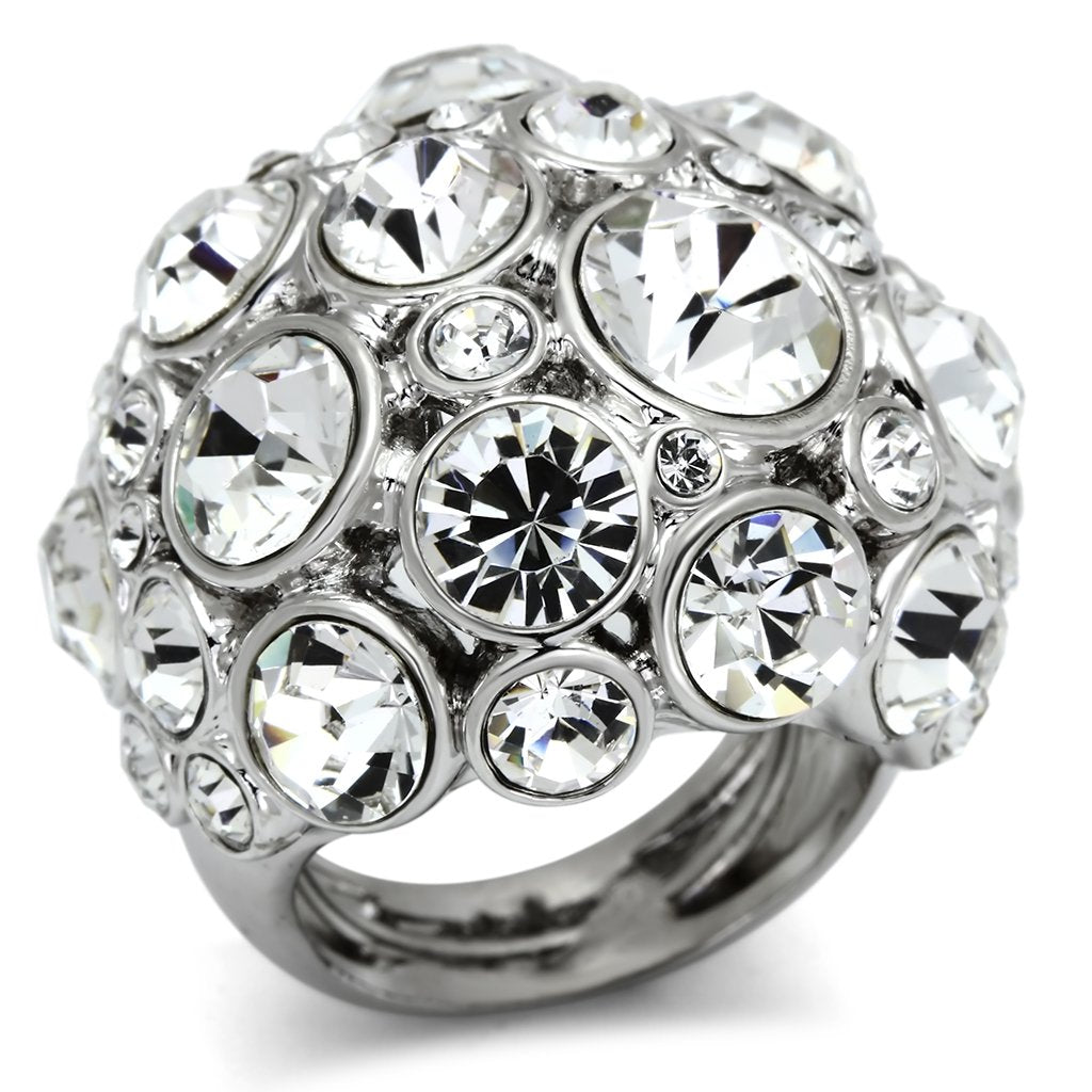 LO2546 - Rhodium Brass Ring with Top Grade Crystal  in Clear-0