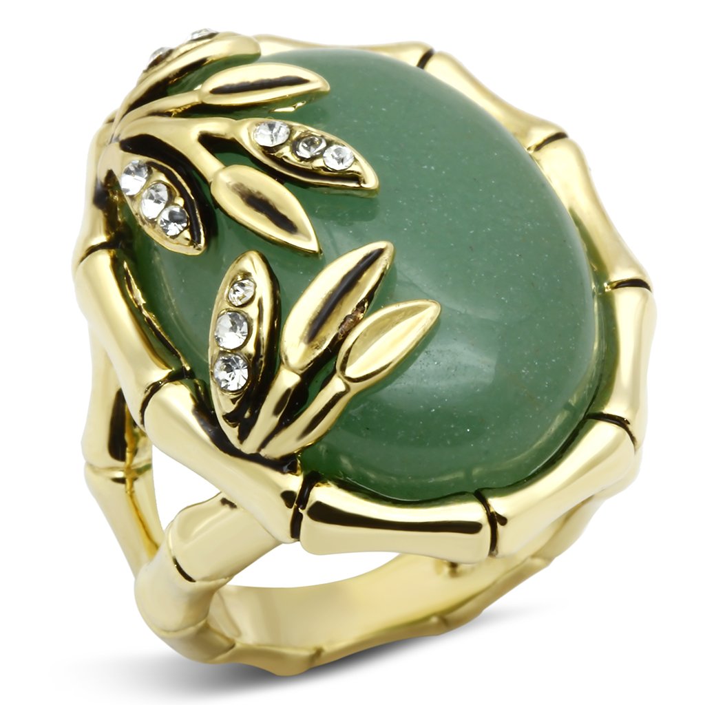 LO2609 - Gold Brass Ring with Semi-Precious Jade in Emerald-0
