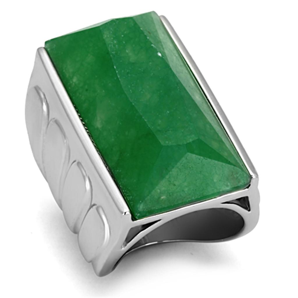 LO3023 - Rhodium Brass Ring with Synthetic Jade in Emerald-0