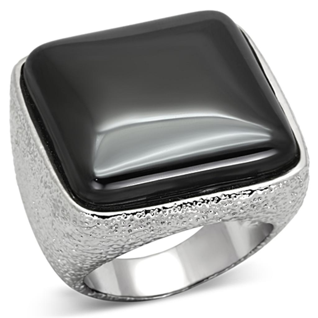 LO3045 - Rhodium Brass Ring with Semi-Precious Agate in Jet-0