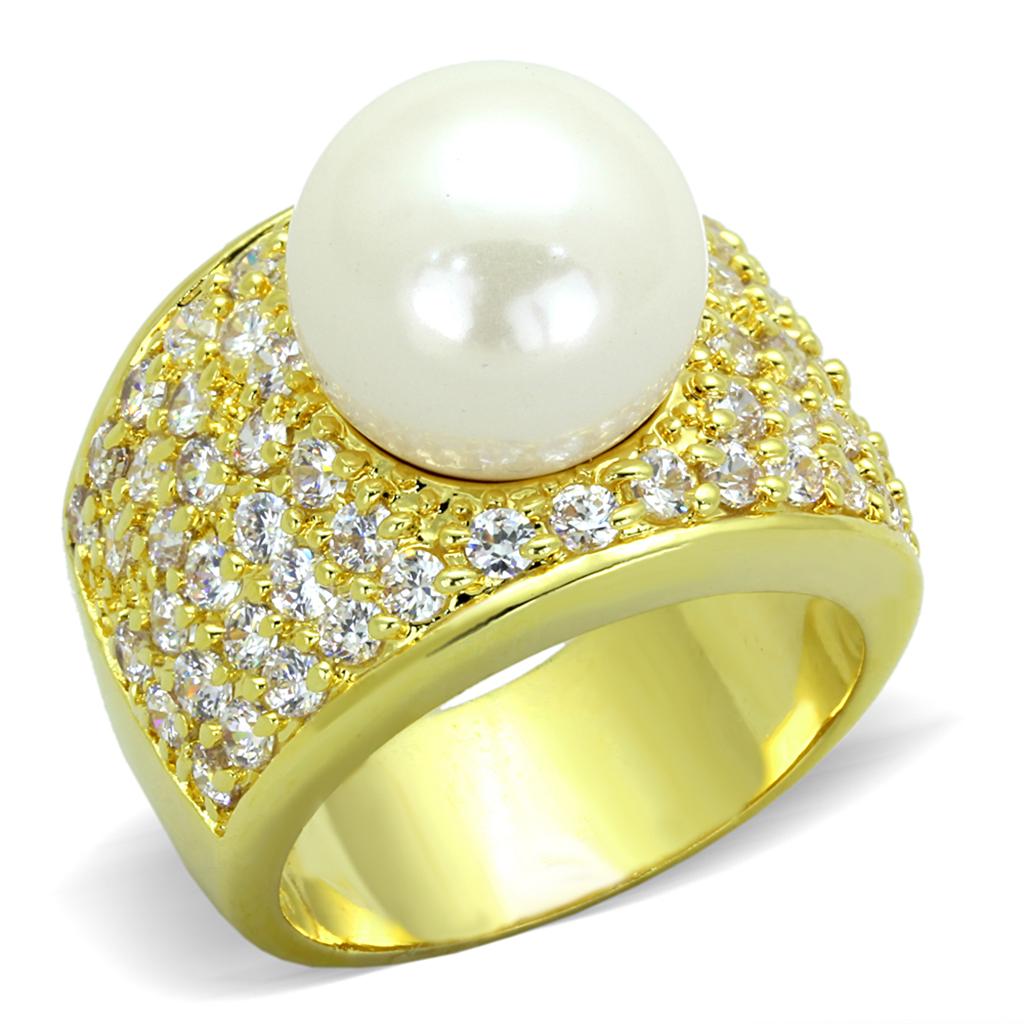 LO3385 - Gold Brass Ring with Synthetic Pearl in White-0