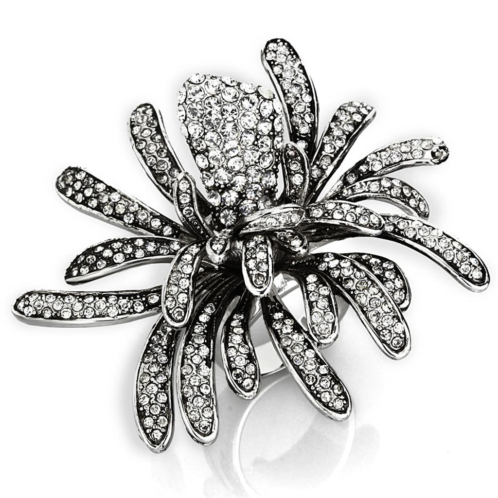 LO3444 - Rhodium Brass Ring with Top Grade Crystal  in Clear-0