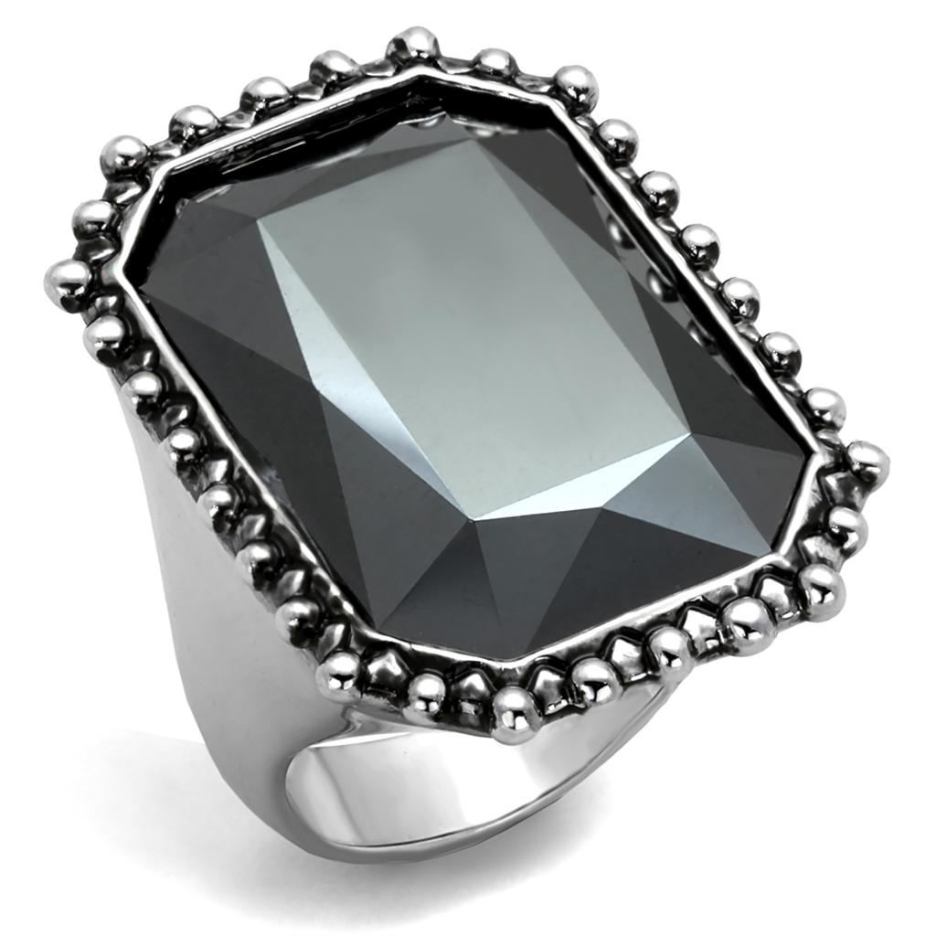 LO3532 - Rhodium Brass Ring with Top Grade Crystal  in Hematite-0