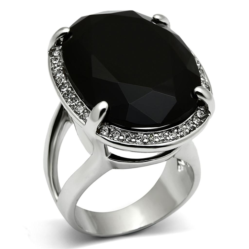 LO3534 - Rhodium Brass Ring with Synthetic Synthetic Glass in Jet-0