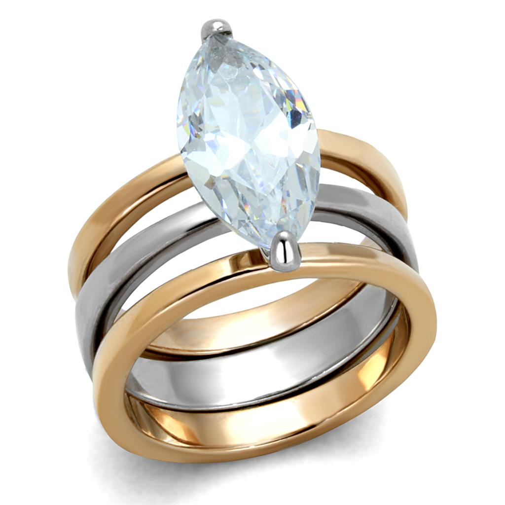 LO3554 - Two-Tone IP Rose Gold Stainless Steel Ring with AAA Grade CZ  in Clear-0