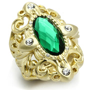 LO3665 - Gold & Brush Brass Ring with Synthetic Synthetic Glass in Emerald-0
