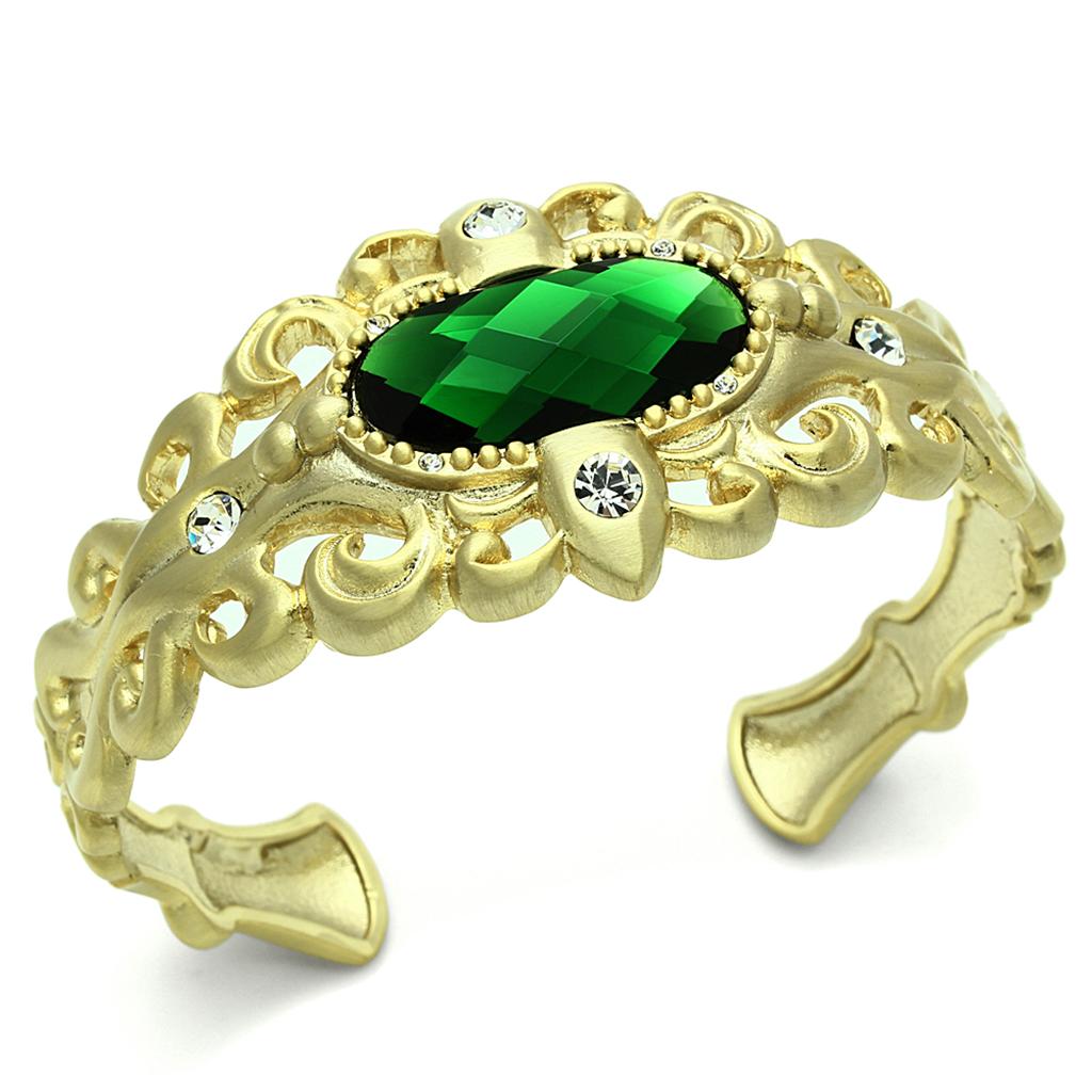 LO3666 - Gold & Brush Brass Bangle with Synthetic Synthetic Glass in Emerald-0