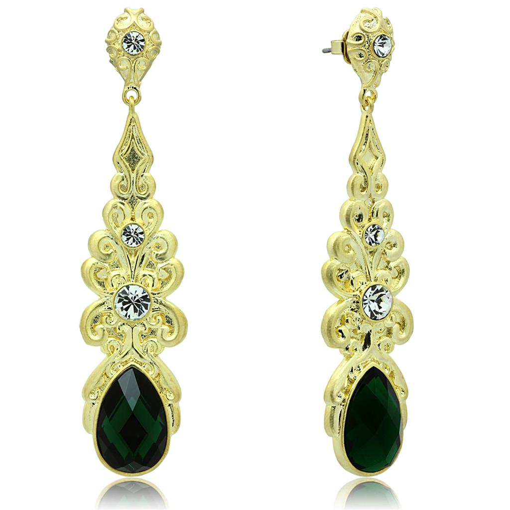 LO3669 - Gold & Brush Brass Earrings with Synthetic Synthetic Glass in Emerald-0