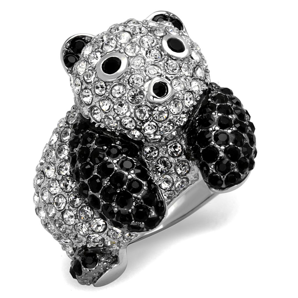 LO3740 - Rhodium + Ruthenium Brass Ring with Synthetic Synthetic Glass in Jet-0