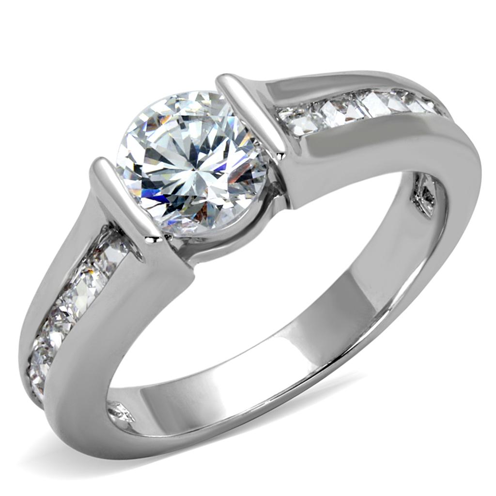 LO3744 - Rhodium Brass Ring with AAA Grade CZ  in Clear-0