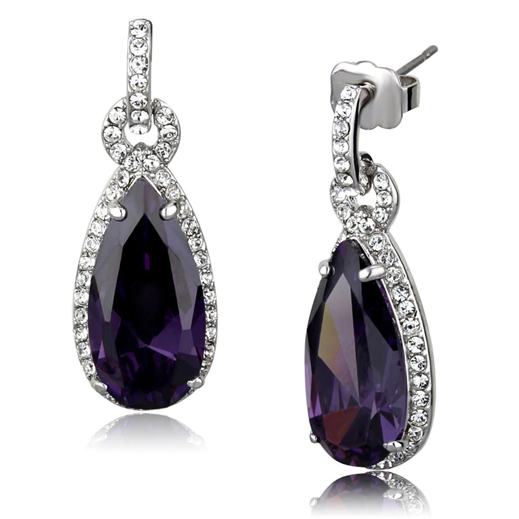 LO3756 - Rhodium Brass Earrings with AAA Grade CZ  in Amethyst-0