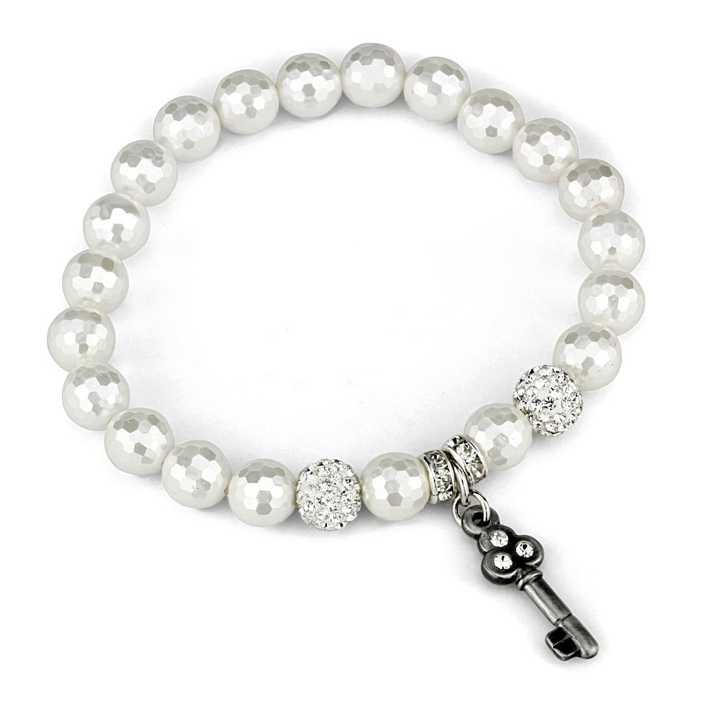 LO3797 - Antique Silver Brass Bracelet with Synthetic Glass Bead in White-0