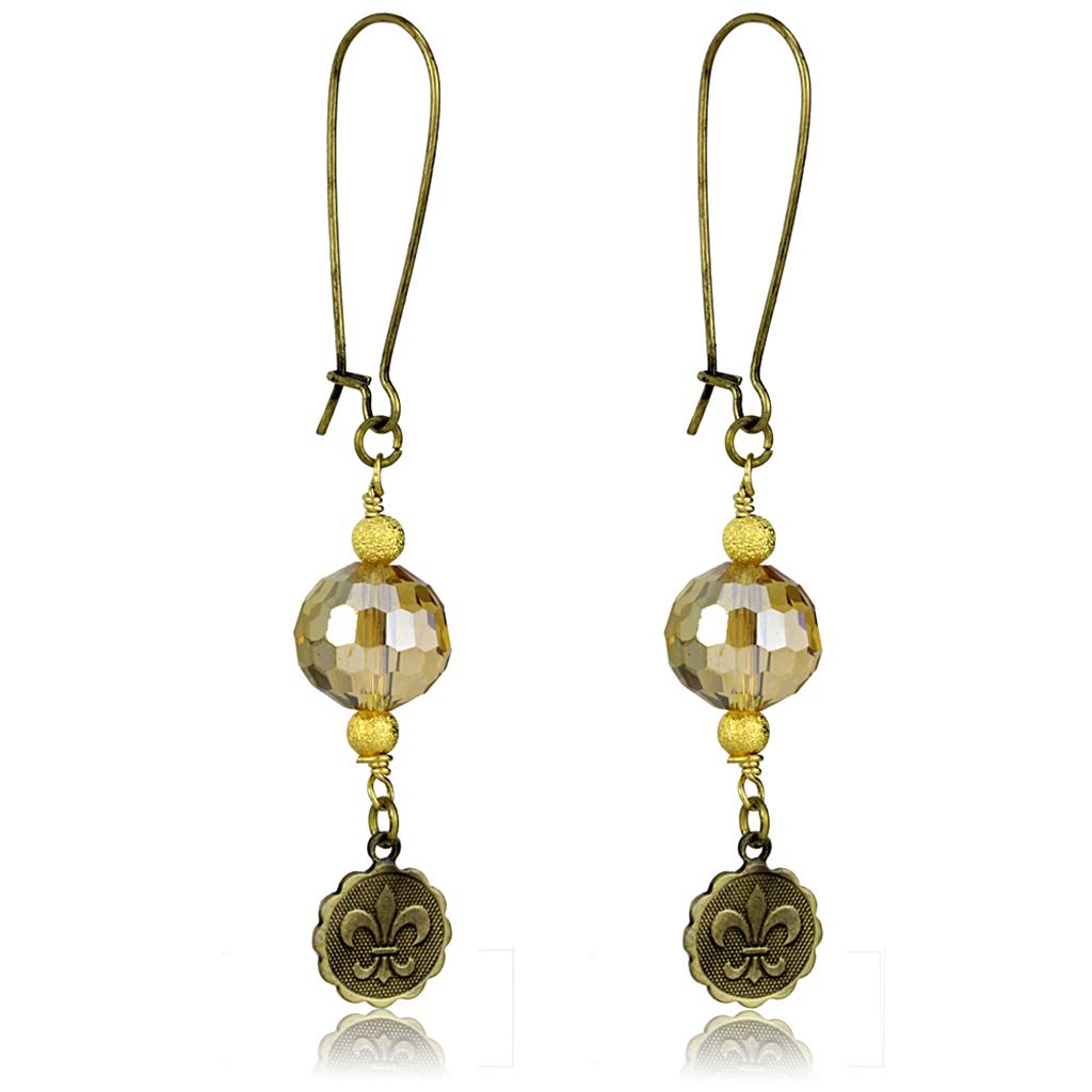 LO3806 - Antique Copper White Metal Earrings with Synthetic Glass Bead in Champagne-0