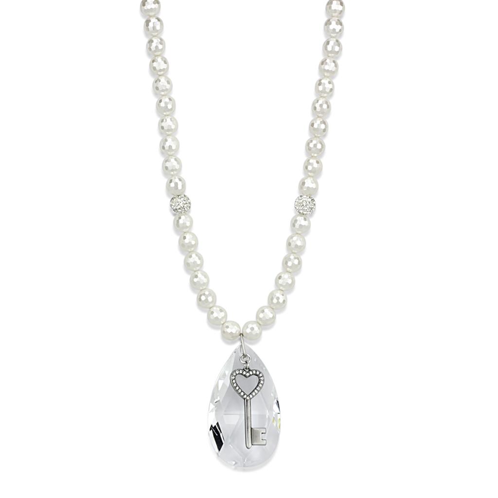LO3819 - Antique Silver White Metal Necklace with Synthetic Synthetic Glass in Clear-0