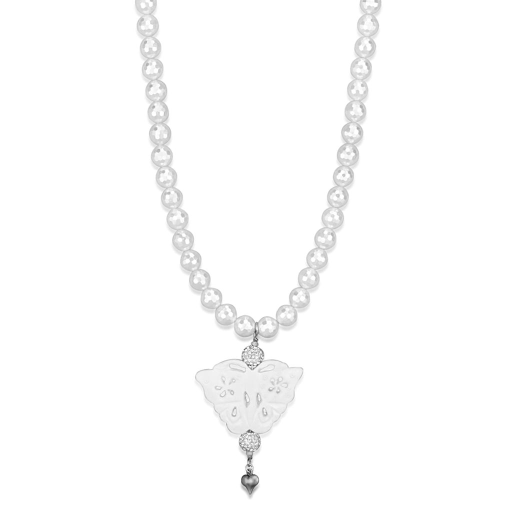 LO3821 - Antique Silver White Metal Necklace with Synthetic Glass Bead in White-0