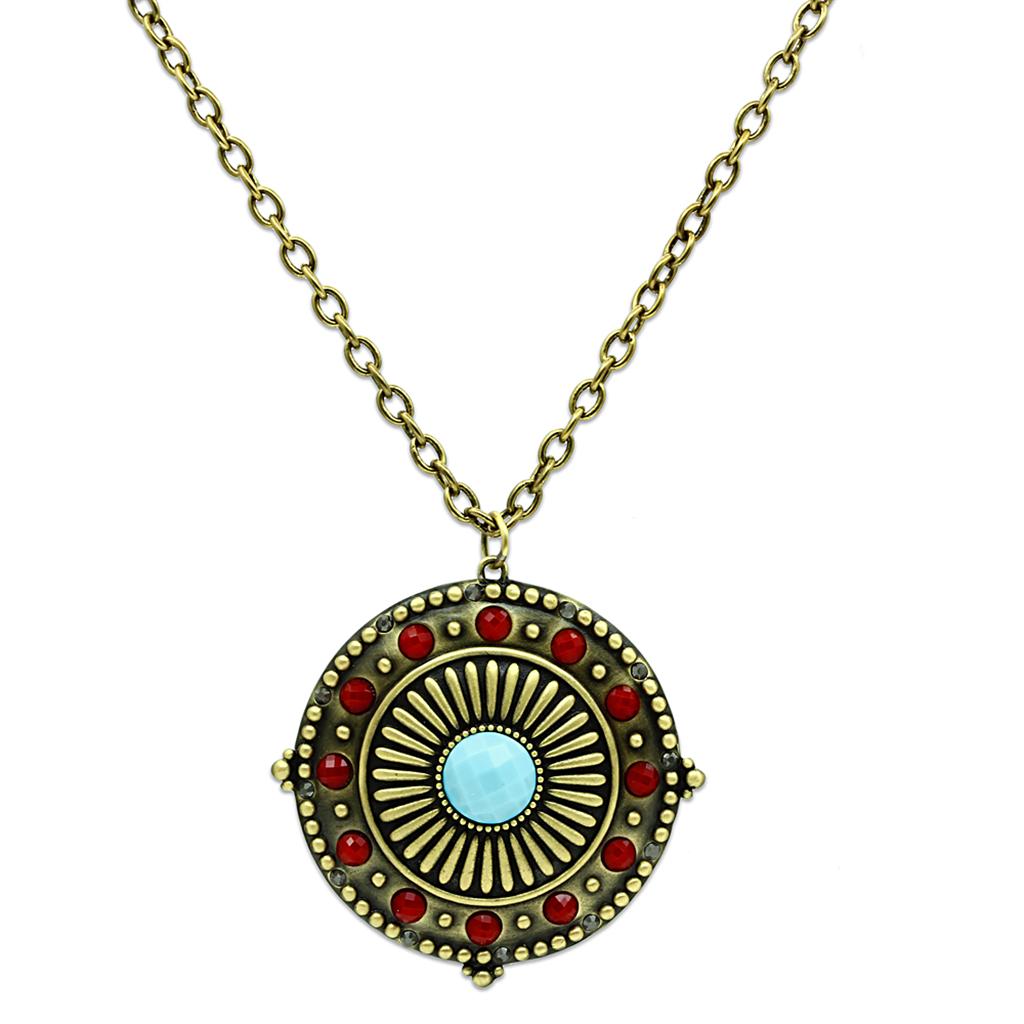 LO3838 - Antique Copper Brass Chain Pendant with Synthetic Synthetic Glass in Sea Blue-0