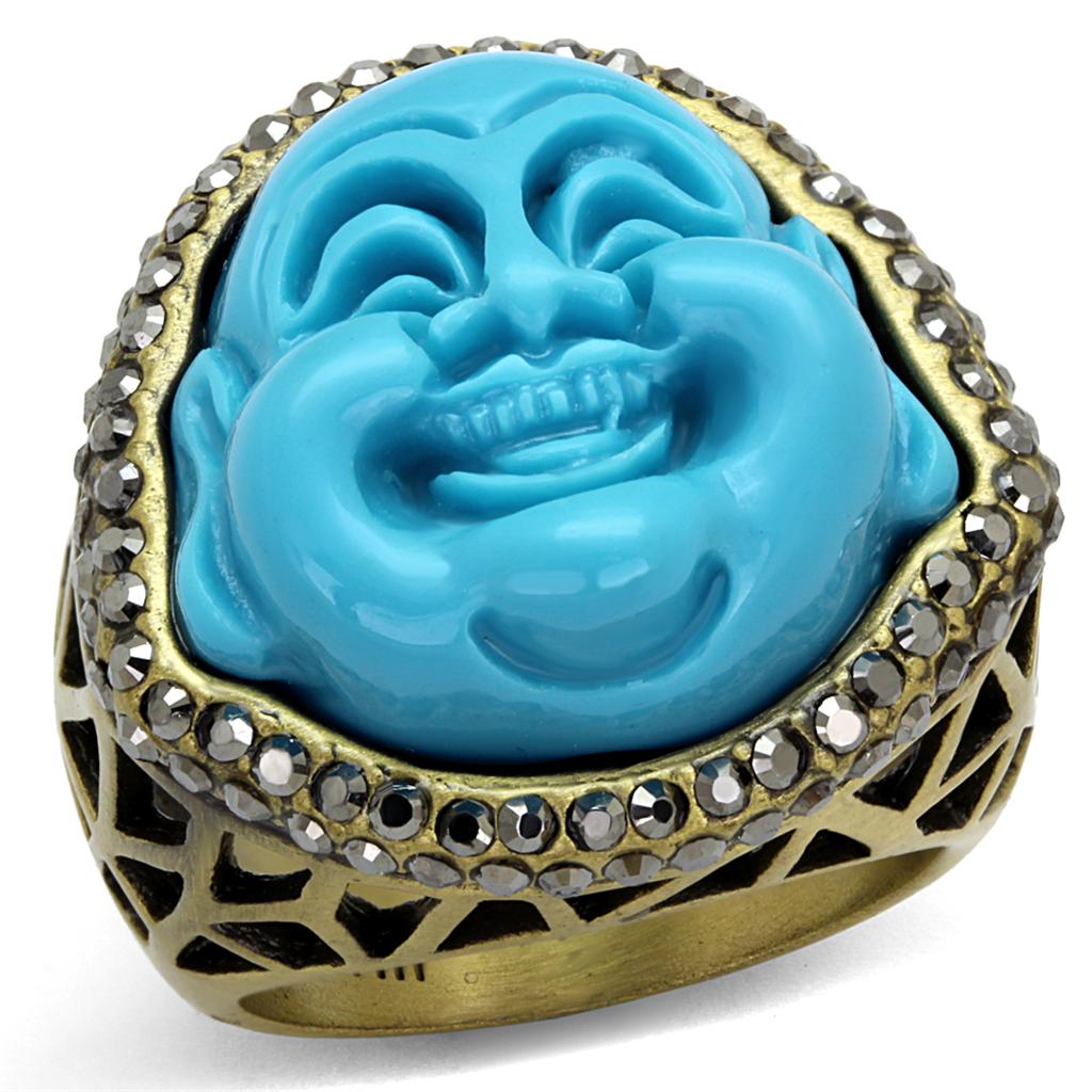 LO3884 - Antique Copper Brass Ring with Synthetic Synthetic Stone in Capri Blue-0