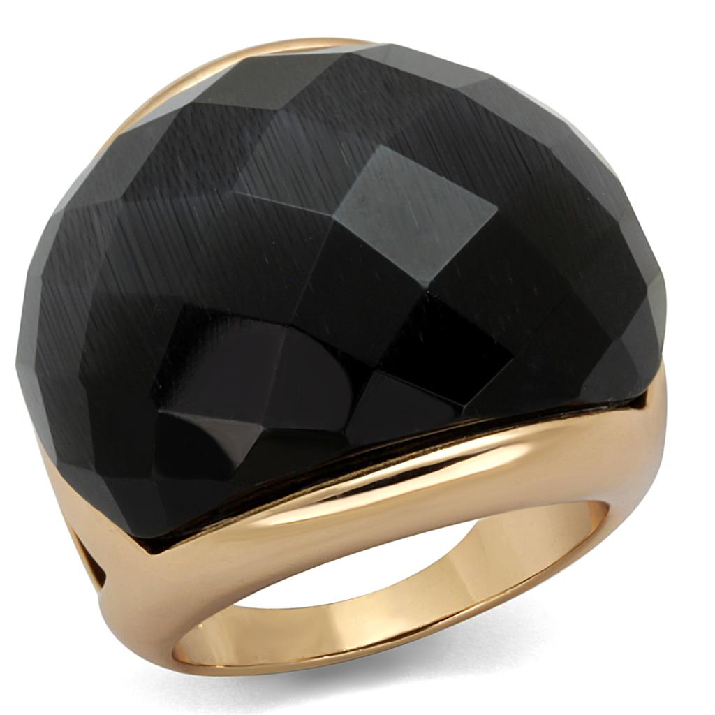 LO3907 - Rose Gold Brass Ring with Synthetic Cat Eye in Jet-0