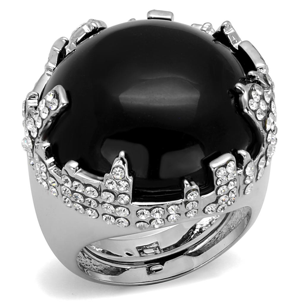 LO3911 - Rhodium Brass Ring with Synthetic Cat Eye in Jet-0