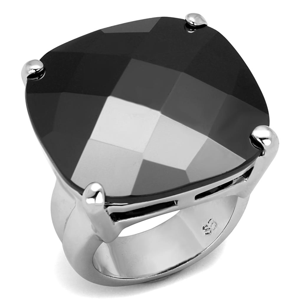 LO3912 - Rhodium Brass Ring with AAA Grade CZ  in Jet-0