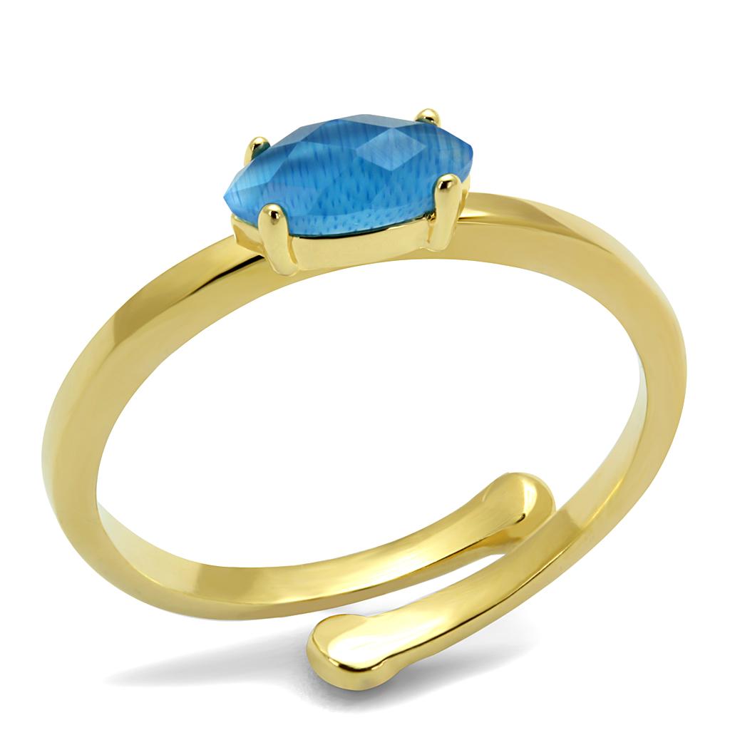 LO4064 - Flash Gold Brass Ring with Synthetic Cat Eye in Capri Blue-0
