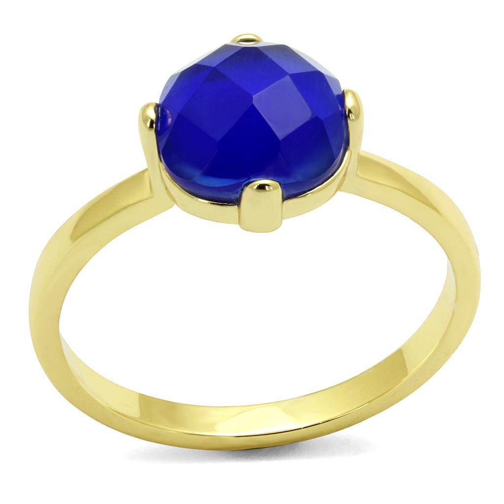 LO4072 - Flash Gold Brass Ring with Synthetic Cat Eye in Sapphire-0