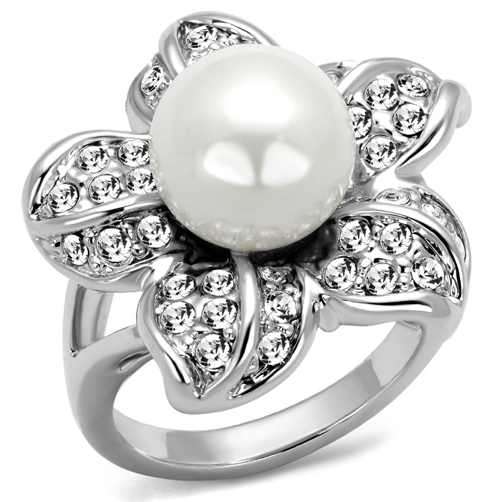 LO4088 - Rhodium Brass Ring with Synthetic Pearl in White-0