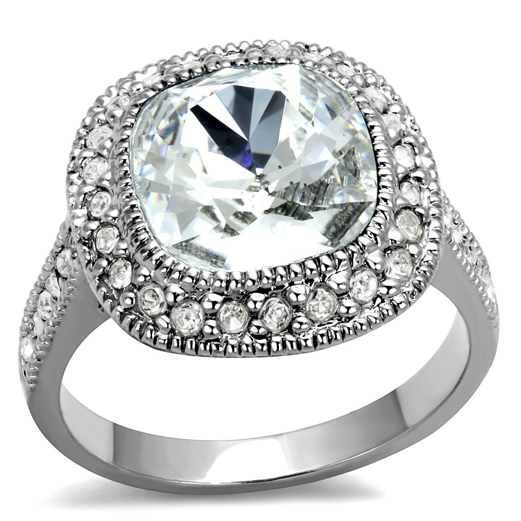 LO4092 - Rhodium Brass Ring with Top Grade Crystal  in Clear-0
