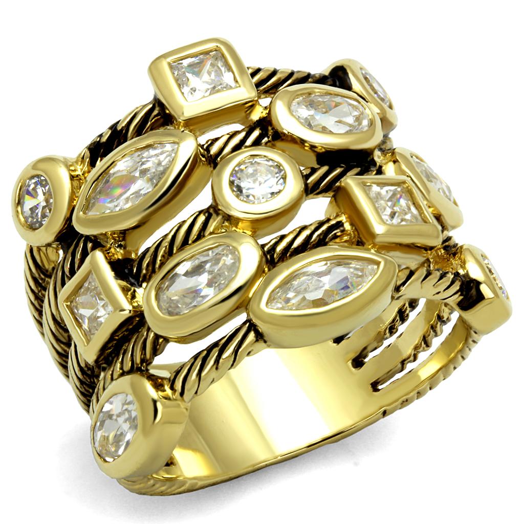 LO4096 - Gold Brass Ring with AAA Grade CZ  in Clear-0