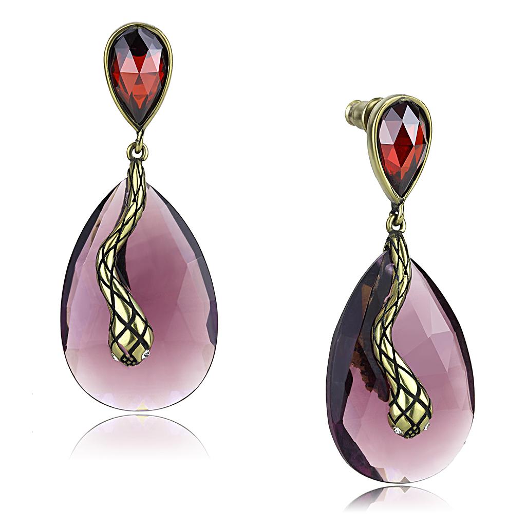 LO4187 - Antique Copper Brass Earrings with Synthetic Synthetic Glass in Amethyst-0