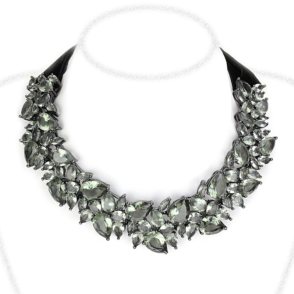 LO4208 - TIN Cobalt Black Brass Necklace with Synthetic Synthetic Glass in Black Diamond-0