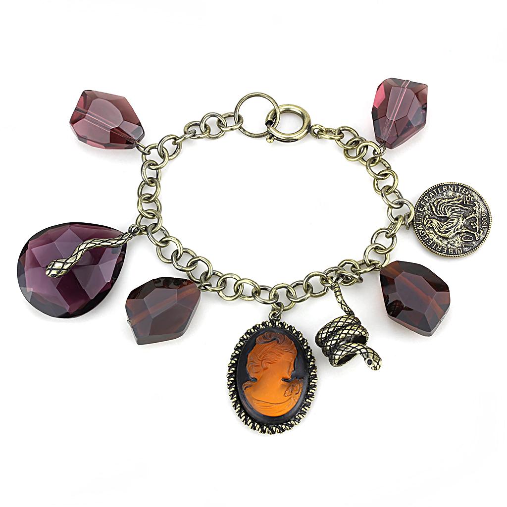 LO4223 - Antique Copper Brass Bracelet with Synthetic Synthetic Glass in Amethyst-0