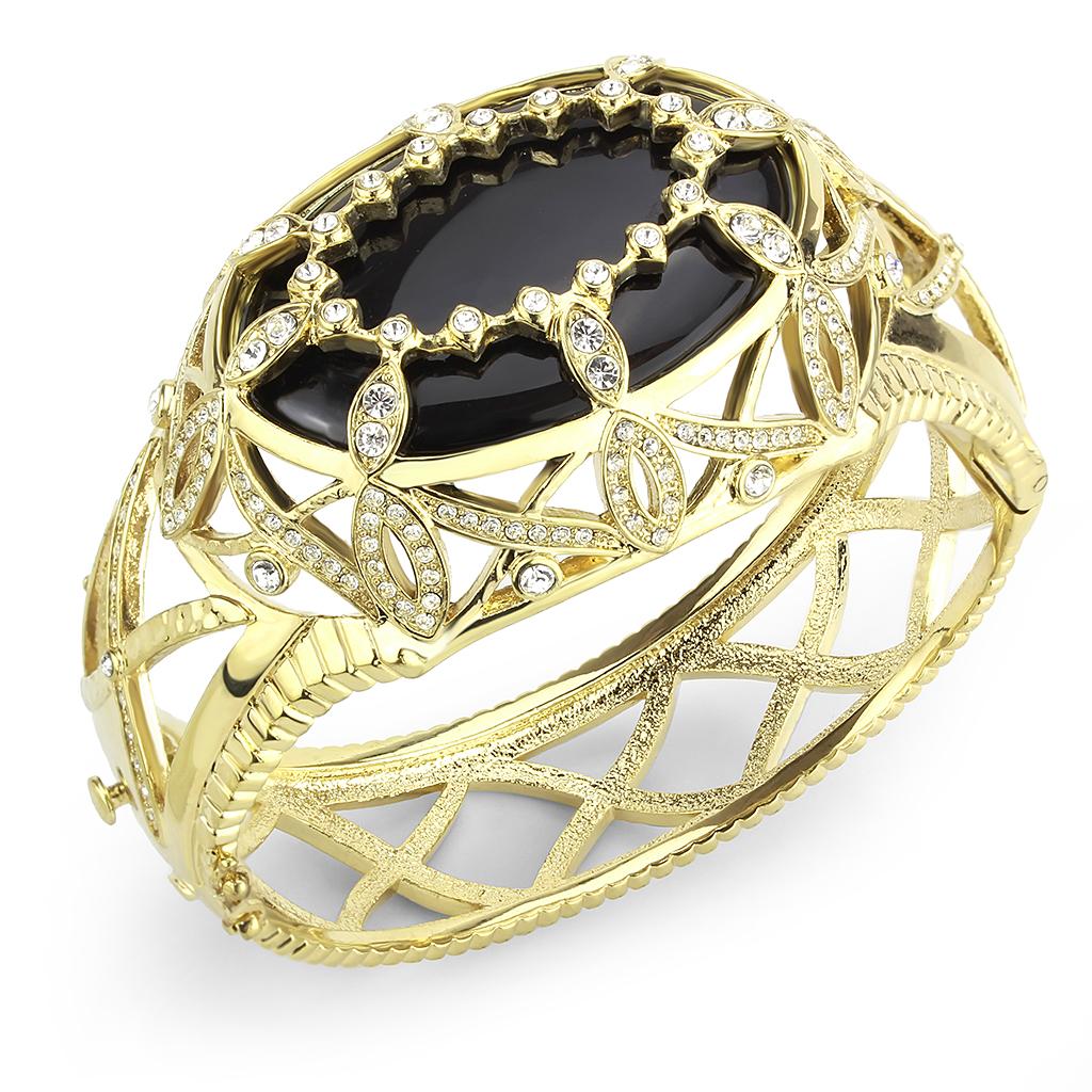 LO4349 - Gold Brass Bangle with Synthetic  in Jet-0