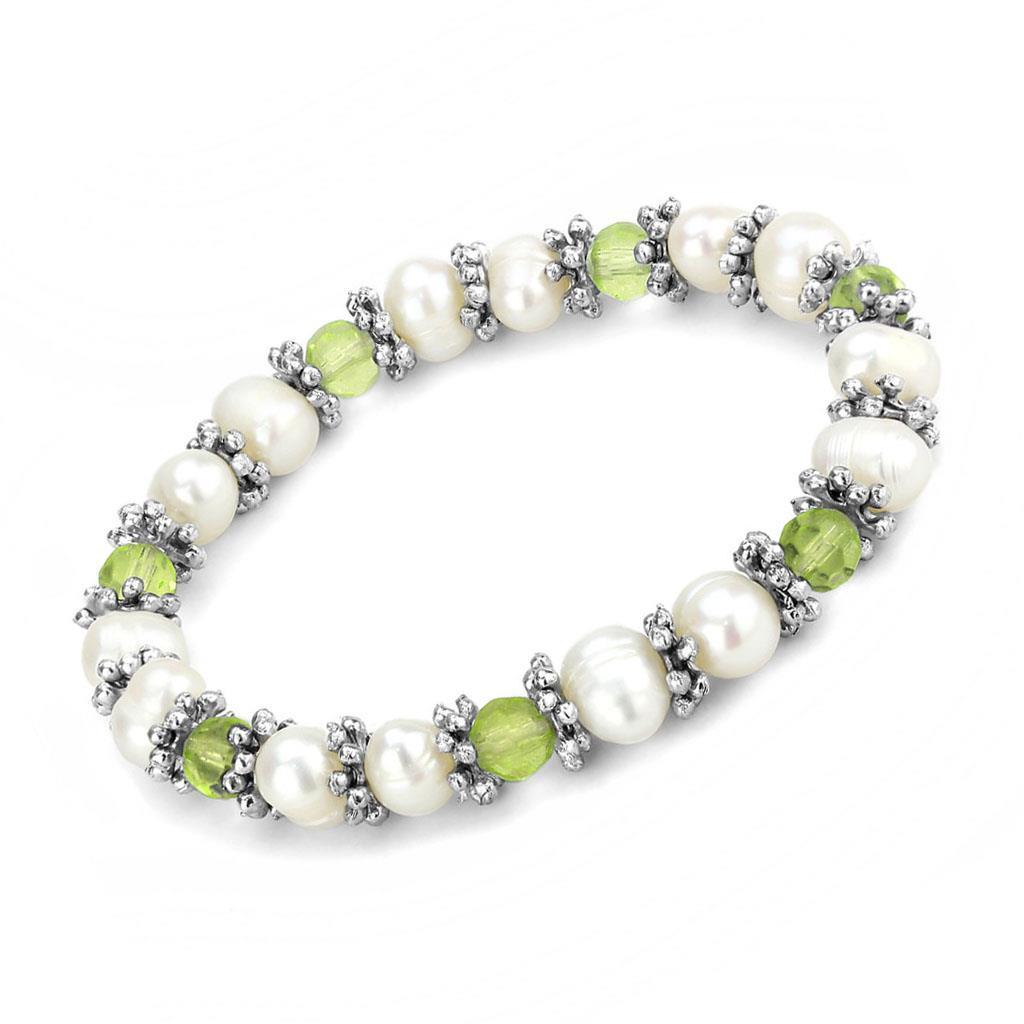 LO4653 - Antique Silver White Metal Bracelet with Synthetic Pearl in Olivine color-0