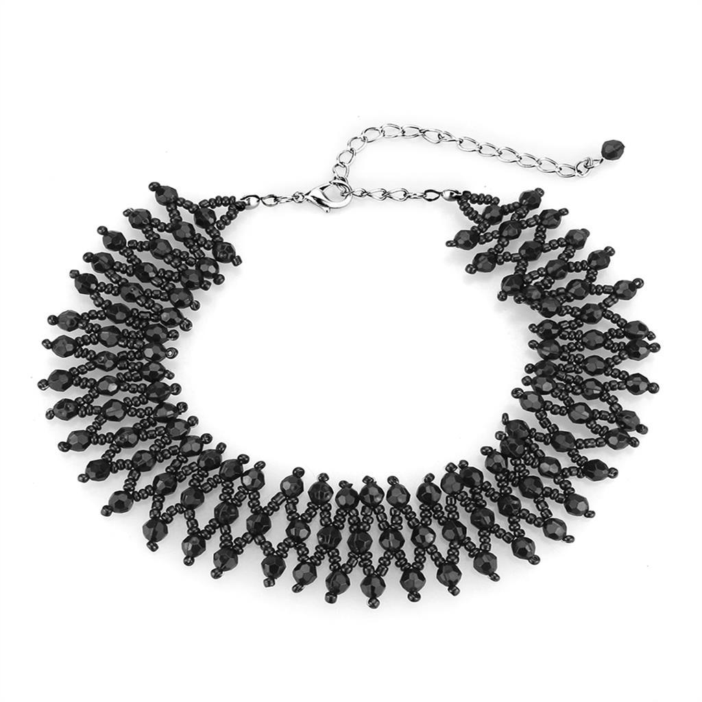 LO4715 - Rhodium Brass Necklace with Synthetic Synthetic Glass in Jet-0
