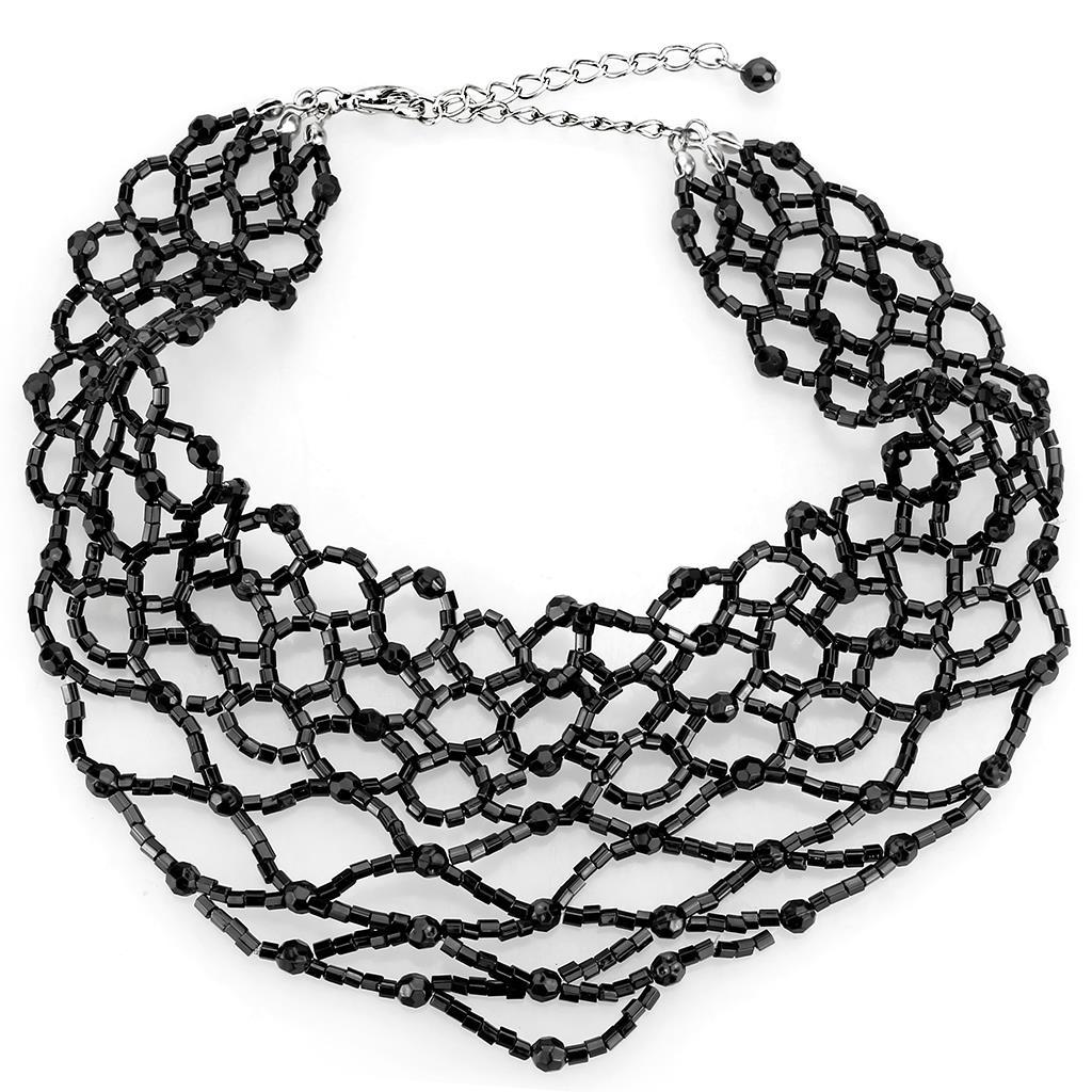 LO4716 - Rhodium Brass Necklace with Synthetic Synthetic Glass in Jet-0