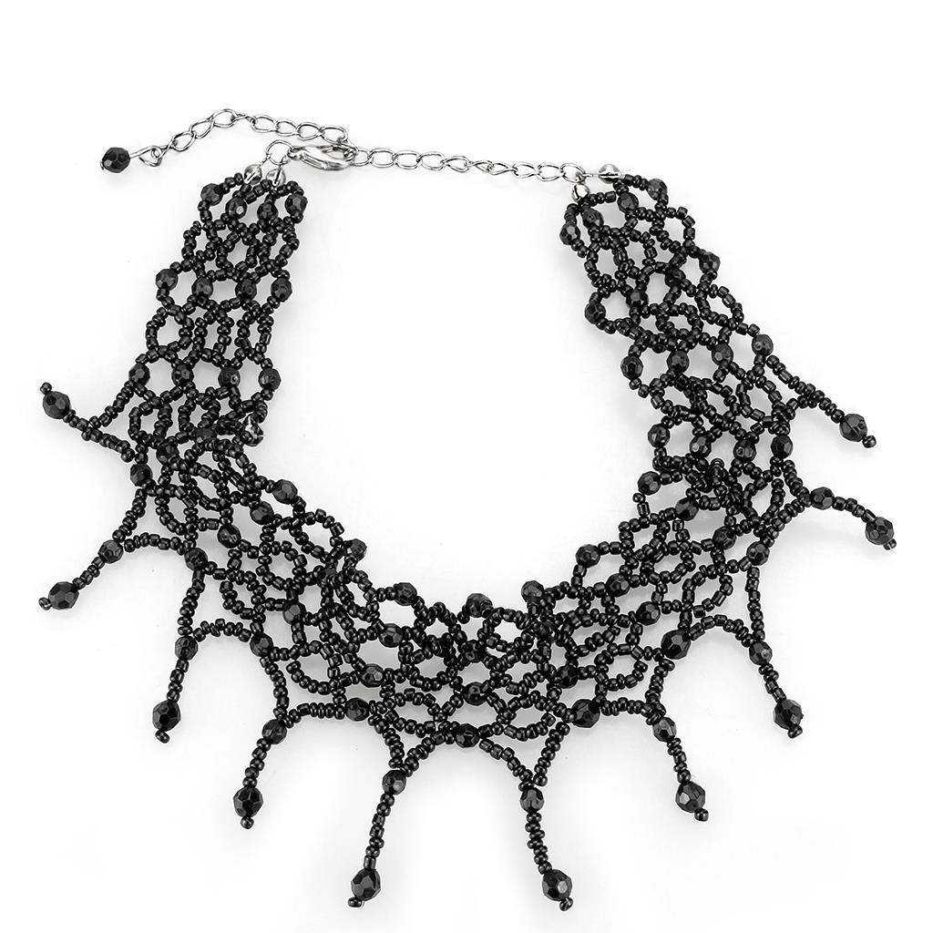 LO4717 - Rhodium Brass Necklace with Synthetic Synthetic Glass in Jet-0