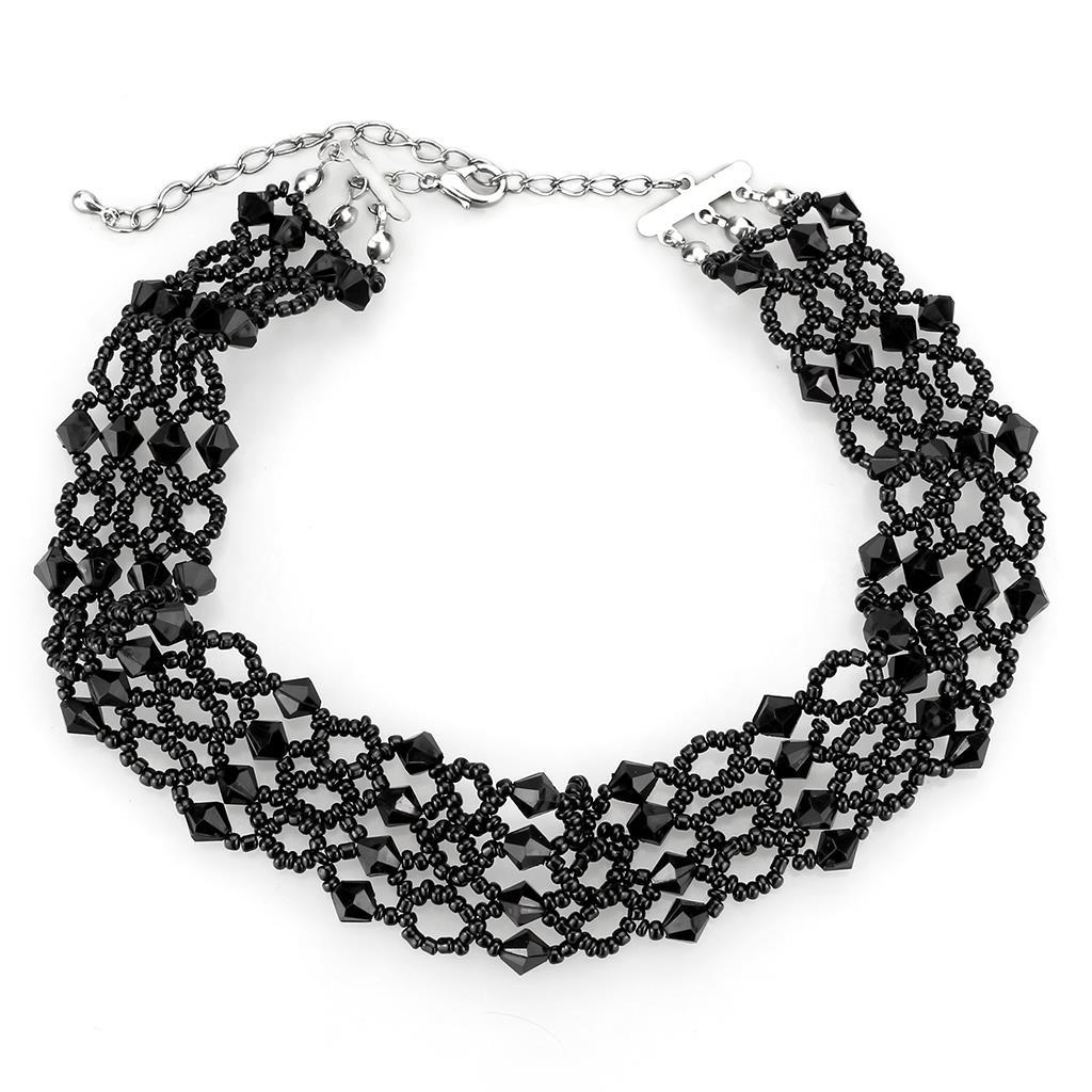 LO4718 - Rhodium Brass Necklace with Synthetic Synthetic Glass in Jet-0