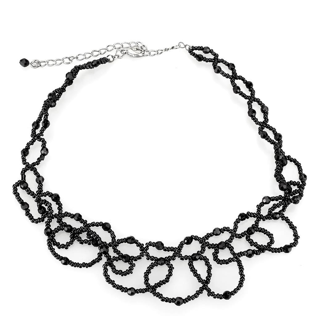 LO4721 - Rhodium Brass Necklace with Synthetic Synthetic Glass in Jet-0