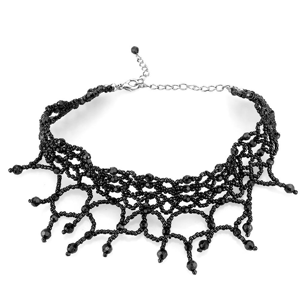 LO4722 - Rhodium Brass Necklace with Synthetic Synthetic Glass in Jet-0
