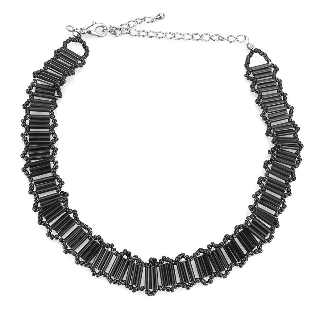 LO4724 - Rhodium White Metal Necklace with Synthetic Synthetic Glass in Jet-0