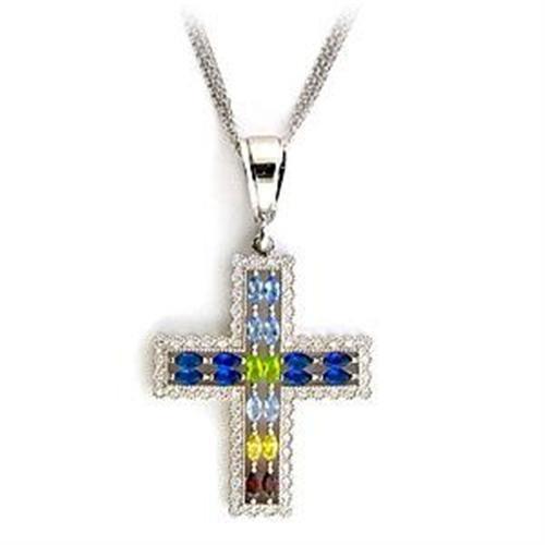 LOA556 - Rhodium 925 Sterling Silver Necklace with AAA Grade CZ  in Multi Color-0