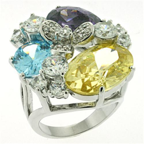LOA606 - Rhodium Brass Ring with AAA Grade CZ  in Multi Color-0