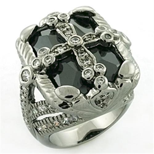 LOA708 - Rhodium + Ruthenium Brass Ring with AAA Grade CZ  in Jet-0