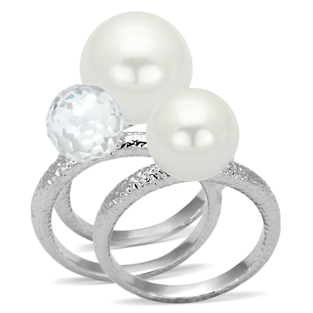 LOA834 - Rhodium Brass Ring with Synthetic Pearl in White-0