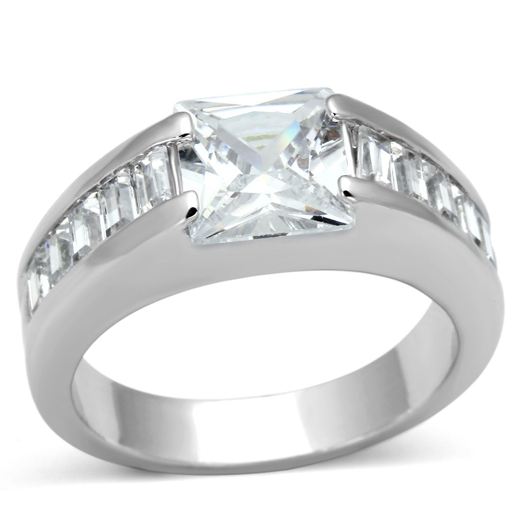 LOA843 - Rhodium Brass Ring with AAA Grade CZ  in Clear-0
