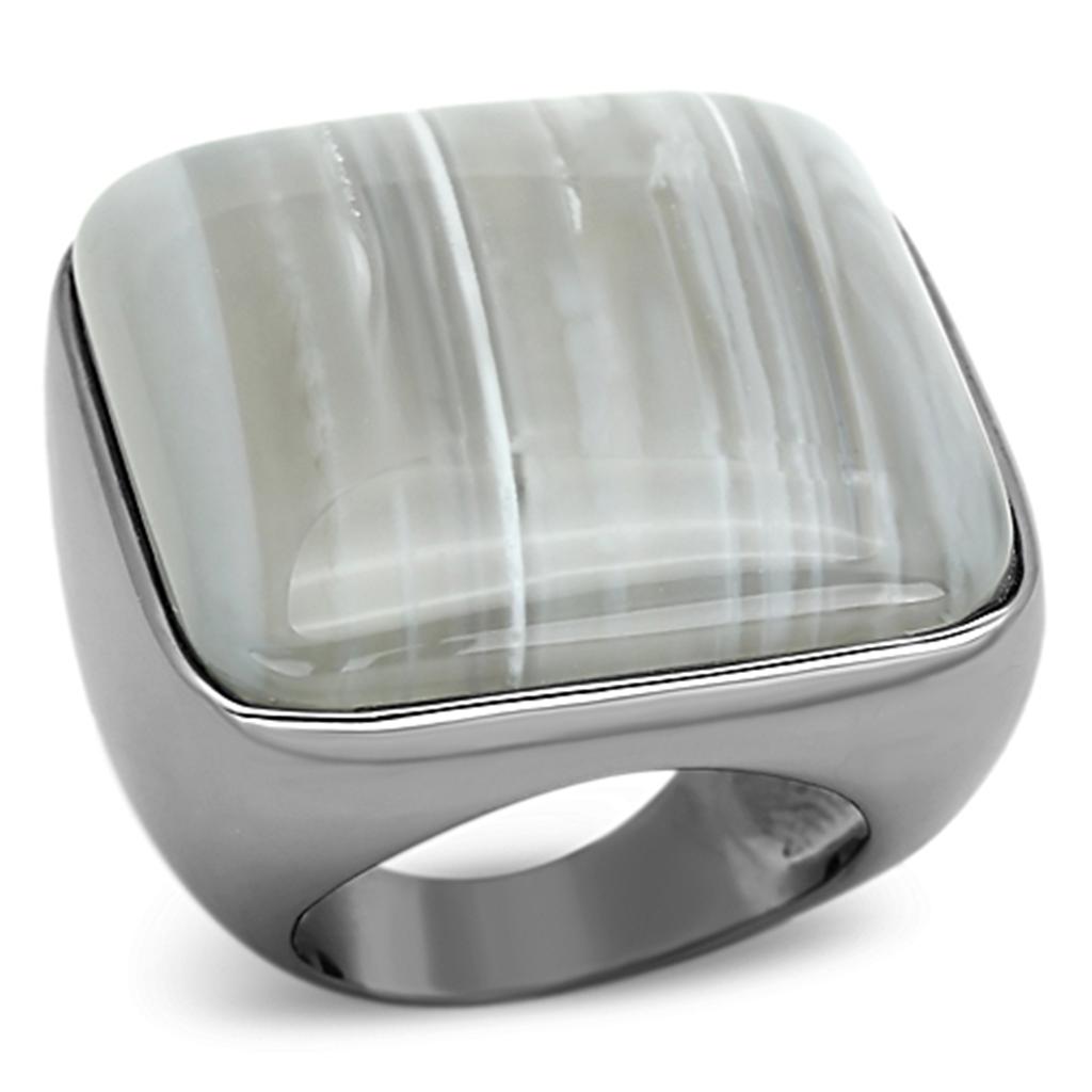 LOA905 - Ruthenium Brass Ring with Semi-Precious Agate in Light Gray-0