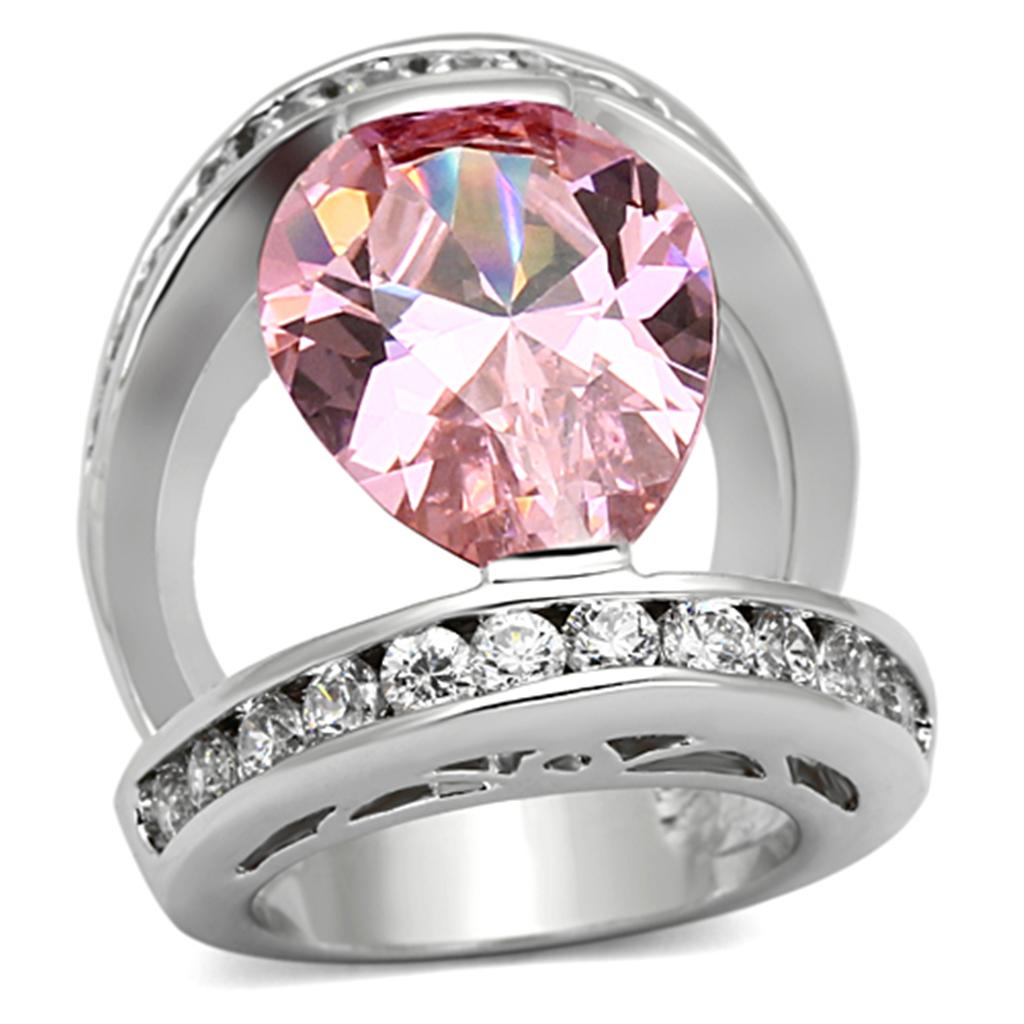 LOA924 - Rhodium Brass Ring with AAA Grade CZ  in Rose-0