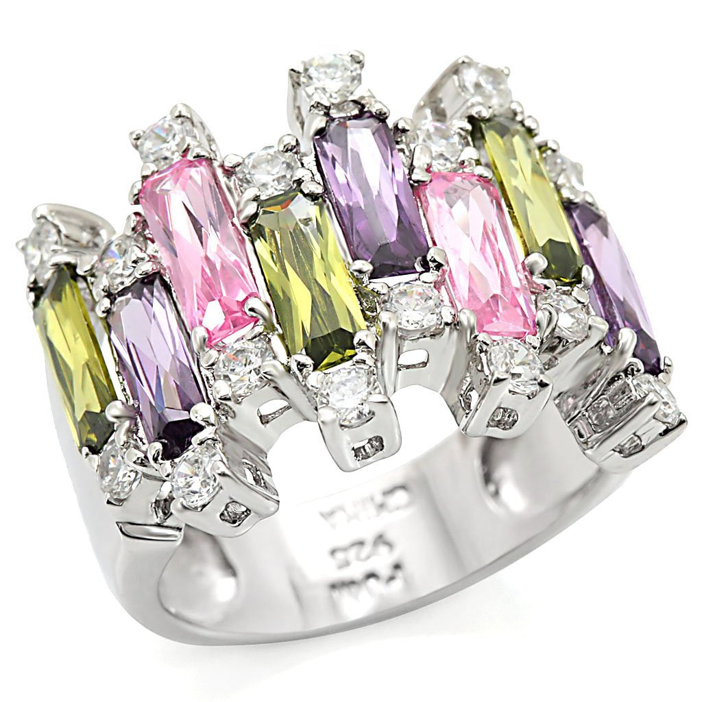 Heba Cocktail Ring - Rhodium 925 Sterling Silver, AAA CZ , Multi Color - LOS334-0
