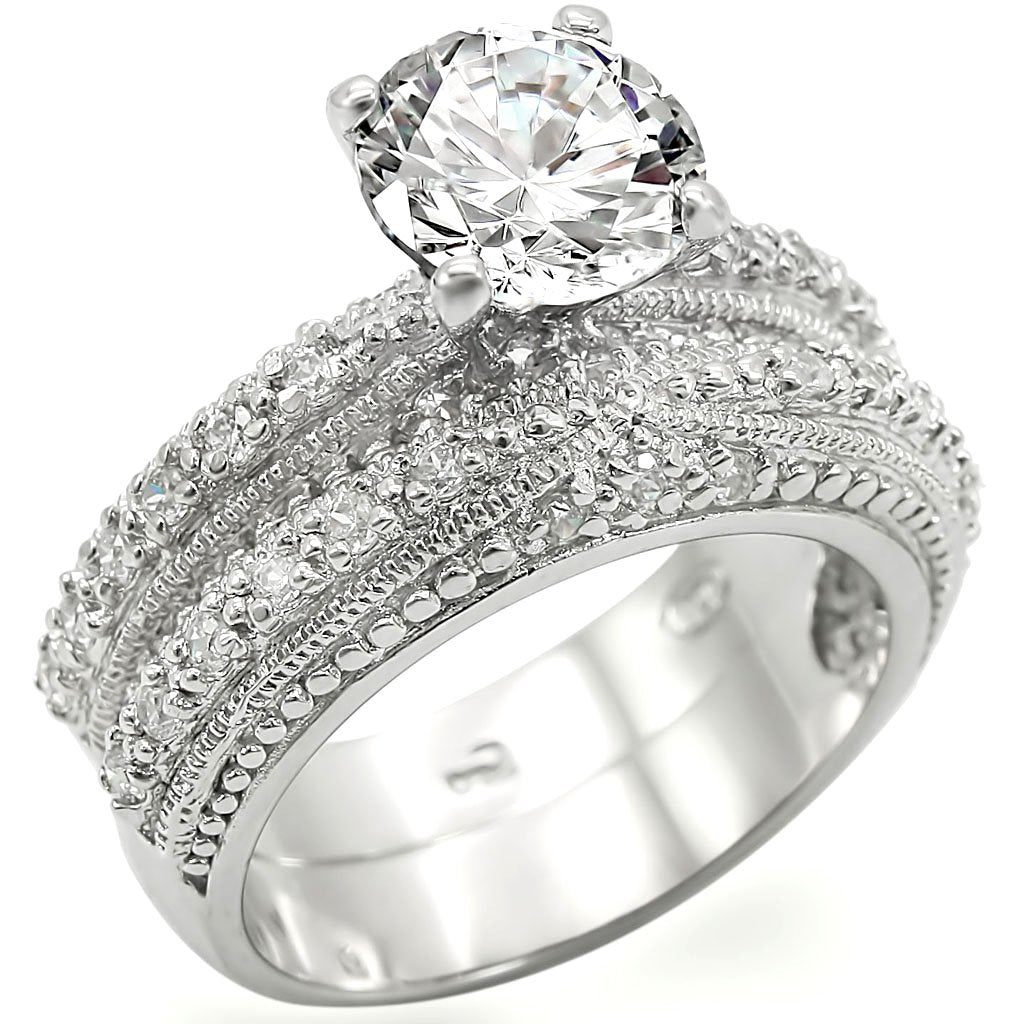 LOS400 - Rhodium 925 Sterling Silver Ring with AAA Grade CZ  in Clear-0